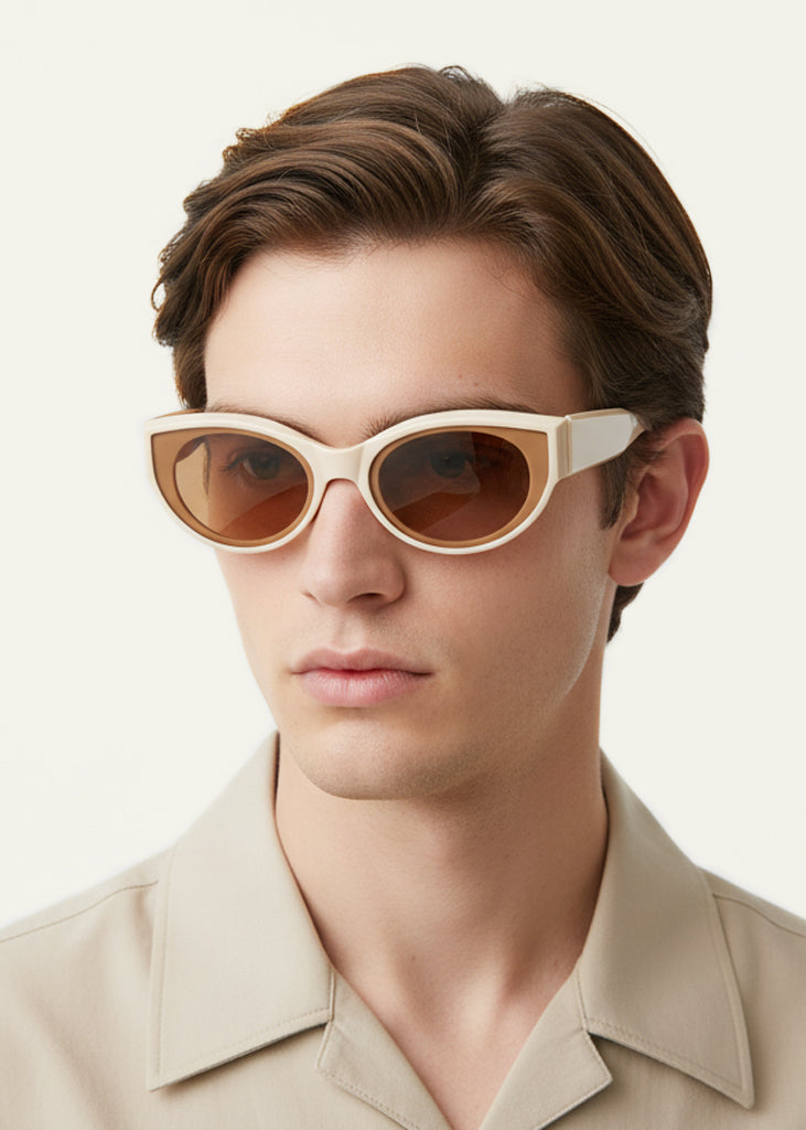 sybaria; sybaria sunglasses; AMALFI sunglasses (CREAM & AMBER); Cat eye; Luxury cat eye; premium unisex eyewear; ultra-lightweight polycarbonate eyewear; Amber UV400 lenses; high fashion eyewear; chromotherapy eyewear;