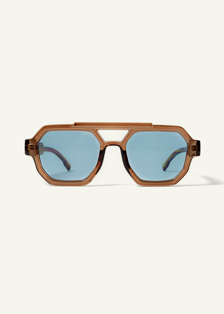 sybaria; sybaria sunglasses; LUGANO sunglasses (MOCHA & BLUE); Aviator Geometric; Aviator Geometric luxury; premium unisex eyewear; ultralight polycarbonate eyewear; Blue UV400 lenses; high fashion eyewear; chromotherapy eyewear;