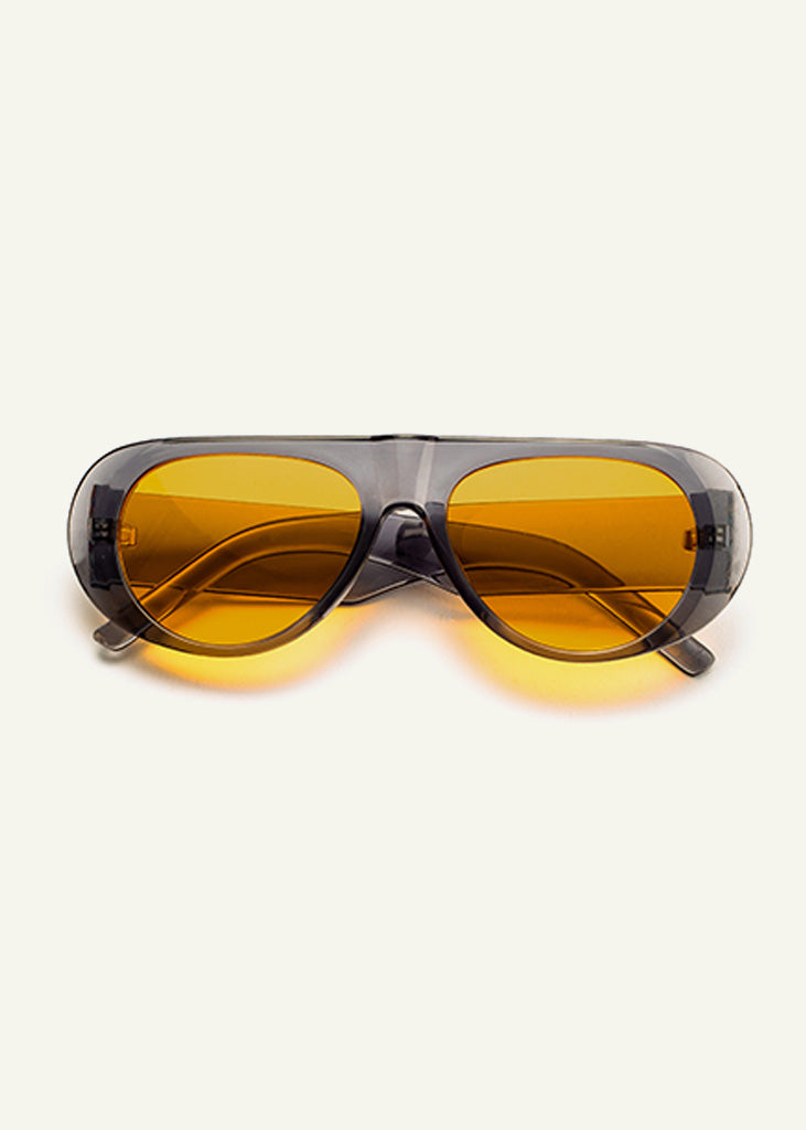 sybaria; sybaria sunglasses; SOLFERINO sunglasses (GRAY & MANGO); Rounded + Aviator; Rounded + Aviator luxury; premium unisex eyewear; ultralight polycarbonate eyewear; mango UV400 lenses; high fashion eyewear; chromotherapy eyewear;