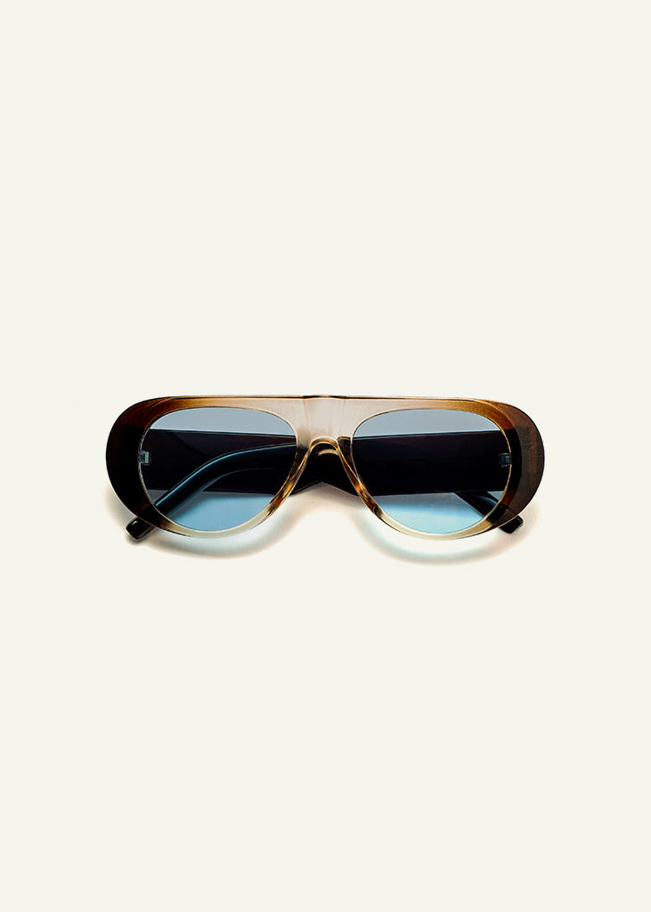 sybaria; sybaria sunglasses; SOLFERINO sunglasses (BROWN & LIGHT BLUE); Rounded & Aviator; Rounded & Aviator luxury; premium unisex glasses; ultra-light polycarbonate glasses; light blue UV400 lenses; high-fashion glasses; chromotherapy eyewear;