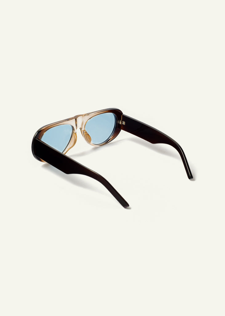 sybaria; sybaria sunglasses; SOLFERINO sunglasses (BROWN & LIGHT BLUE); Rounded & Aviator; Rounded & Aviator luxury; premium unisex glasses; ultra-light polycarbonate glasses; light blue UV400 lenses; high-fashion glasses; chromotherapy eyewear;
